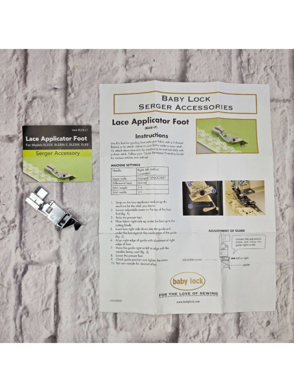 Baby Lock Lace Applicator Foot BLE8-LF accessory for Baby Lock Serger